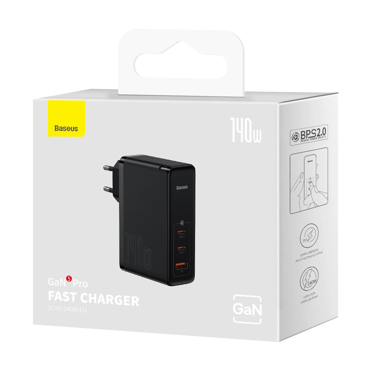 BASEUS GAN5 PRO FAST CHARGER 2XUSB-C + USB 140W EU BLACK (CCGP100201)