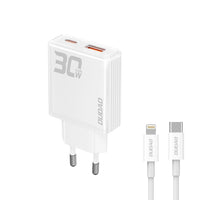 GAN DUDAO A30EUL 30W USB-A / USB-C WALL CHARGER + USB-C - LIGHTNING CABLE - WHITE