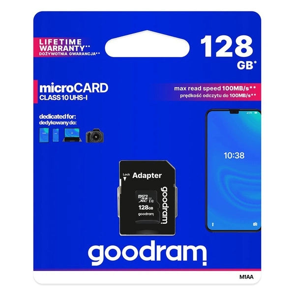 GOODRAM MICROCARD 128 GB MICRO SD XC UHS-I CLASS 10 MEMORY CARD, SD ADAPTER (M1AA-01280R12)