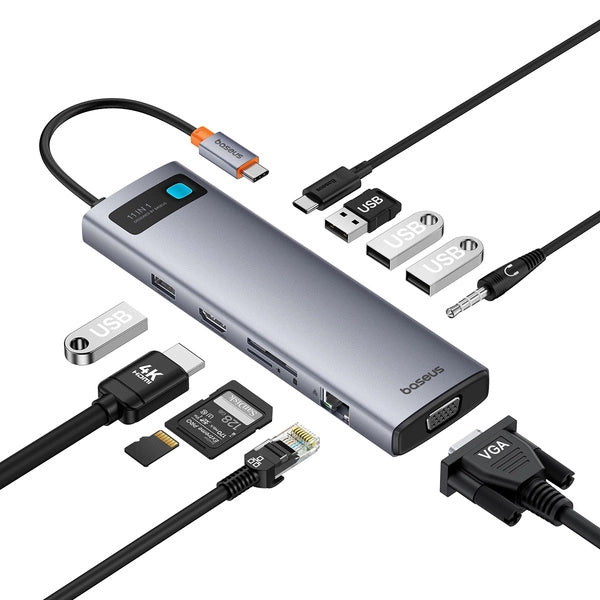 HUB 11IN1 BASEUS METAL GLEAM SERIES USB-C TO USB-C PD / 3X USB-A 3.0 / USB-A 2.0 / HDMI / VGA / AUX / RJ-45 / SD TF - GRAY